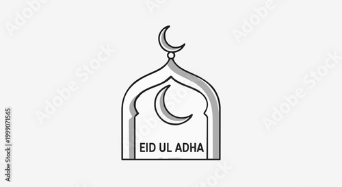 Abstract graphic design portraying the joyous celebration of Eid al-Adha, featuring a graceful crescent moon and a symbolic mosque dome in a clean, minimalist style