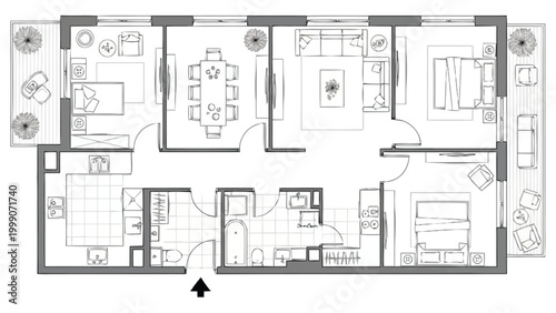 Comprehensive architectural floor plan drawing showcasing a detailed layout of a spacious residential dwelling with multiple rooms furniture depictions and outdoor balcony areas presented in a