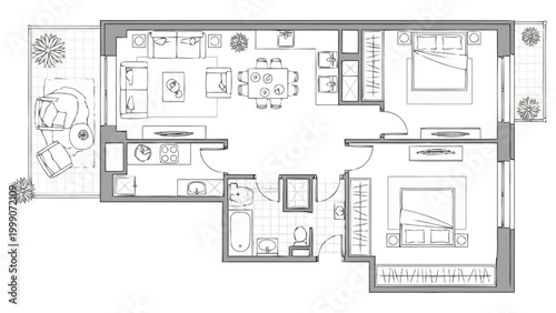Architectural drawing blueprint of a contemporary two bedroom apartment layout showing living dining kitchen areas bathrooms hallway and outdoor patio space for real estate development and home