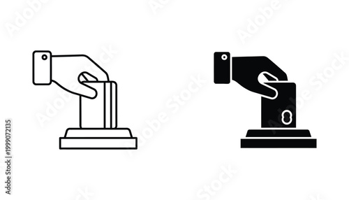 Hand inserting card into reader icon set featuring line art and solid black silhouette for contactless payment and security access control system graphics