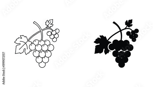 Grapevine cluster icon set showing ripe fruit and leaves in crisp line art and solid black silhouette styles for winemaking and agriculture industry branding