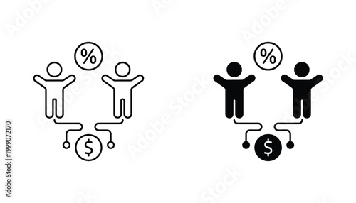 Financial partnership icon set showing two people connected to a dollar sign and percentage symbol in line art and solid black styles for business investment concepts