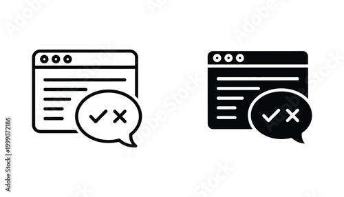 Web browser window with check and cross symbols for website validation and quality assurance in outline and solid vector design