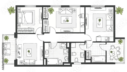 Visualizing Architect Design For A Spacious Apartment Layout Showing Multiple Rooms Including Bedrooms Living Areas Kitchen Bathrooms And Balconies Presented As A Top Down Floor Plan With