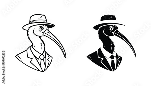 Ibis bird character wearing fedora and suit in outline and solid vector styles for professional and quirky branding projects