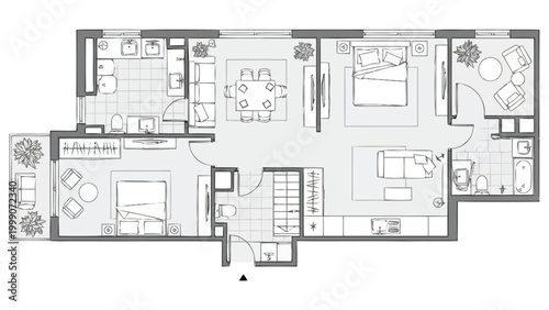 Detailed floor plan presentation of a spacious multi room dwelling showing layouts for living spaces bedrooms bathrooms and kitchen areas ideal for architectural design renovation and real