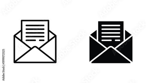Minimalist envelope with document paper inside showing outline and solid black icon style for business communication and email marketing concept