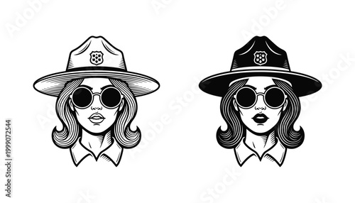 Park ranger or police officer female avatar icon in outline and solid black style