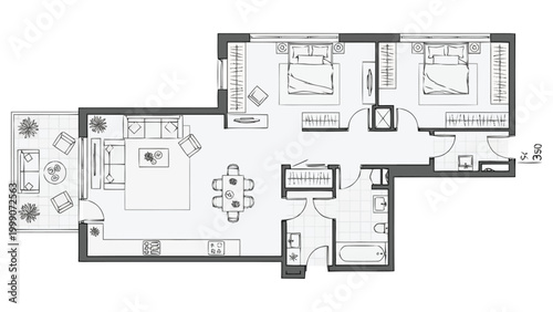 Detailed architectural blueprint showcasing a spacious three bedroom apartment floor plan layout with living area dining room kitchen two bathrooms and outdoor balcony space perfect for real