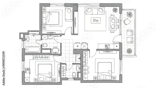 Architectural Blueprint of a Spacious Residential Floor Plan Featuring Multiple Bedrooms Living Areas Kitchen and Balcony Layout for Property Development and Real Estate Design Concepts with