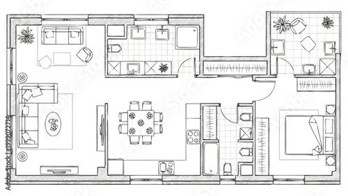 Architectural Drawing of a Spacious Apartment Layout Featuring Living Areas Dining Space Bedrooms and Bathrooms Demonstrating Interior Design Plans for a Comfortable Dwelling Showing Accurate