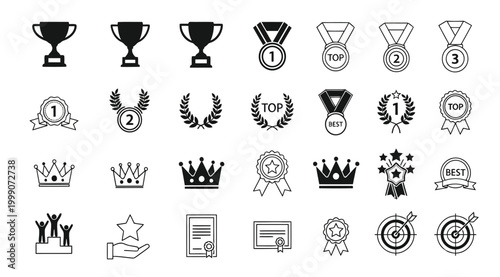 Set of award and achievement icons, trophy, medal, crown, star, certificate, target, winner, success, ranking, competition, vector illustration