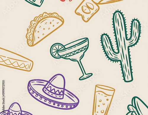 vibrant mexican fiesta line art illustration with cacti and sombrero