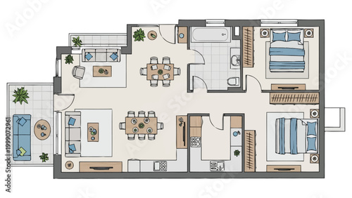 Detailed blueprint presentation of a spacious apartment layout featuring two bedrooms living area dining space kitchen and balcony for architectural visualization and real estate marketing