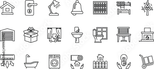 Home furniture and household line icons set vector illustration for interior appliances real estate and domestic services design