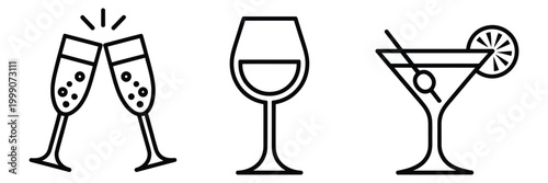 line art drink glass icons set featuring coffee cup, toasting champagne flutes, wine glasses, martini, soda, bar menu elements and cafe beverage illustration designs.