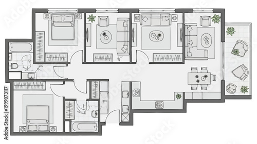 Detailed architectural floor plan representation of a spacious apartment layout featuring multiple bedrooms living areas kitchen dining space and an outdoor balcony area presented from an