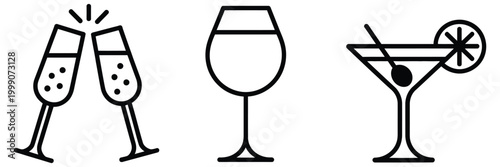 line art drink glass icons set featuring coffee cup, toasting champagne flutes, wine glasses, martini, soda, bar menu elements and cafe beverage illustration designs.