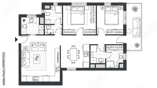 Architectural Layout Plan Visualization Representing Residential Dwelling Interior Spaces Showing Rooms Furniture Arrangements With Detailed Floor Dimensions For Real Estate Development And