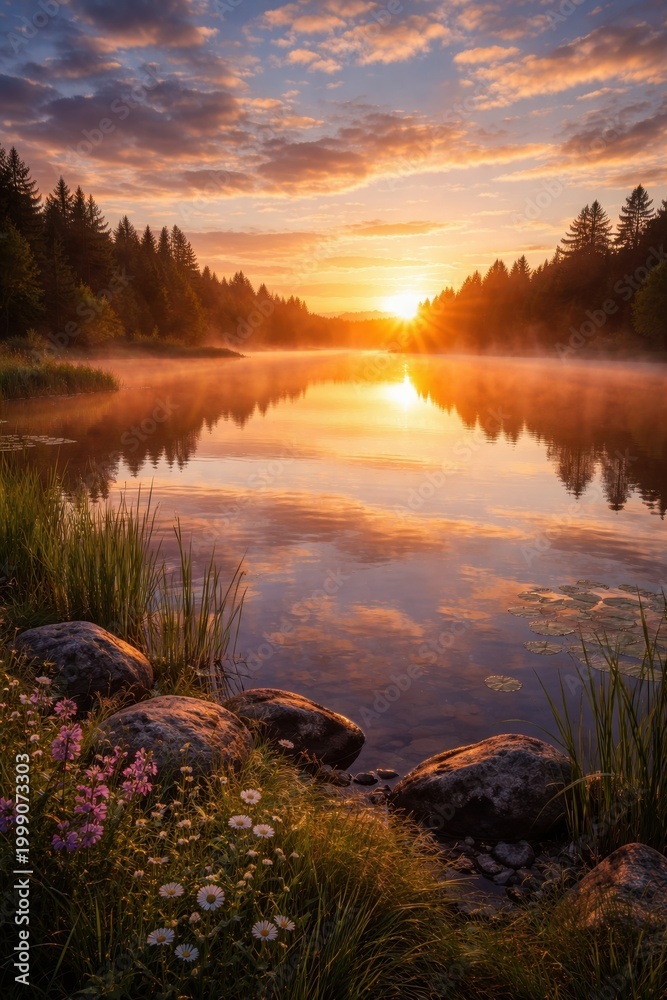 Fototapeta premium Stunning sunrise over a calm forest lake with morning mist. Beautiful nature landscape with sun rays, pine trees reflection, and wild flowers on the shore. Serene summer morning concept