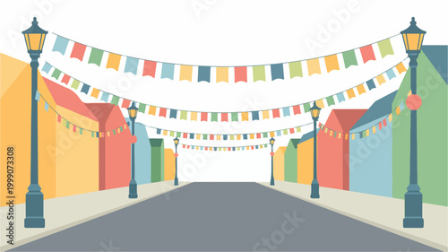 Colorful town street with bunting flags