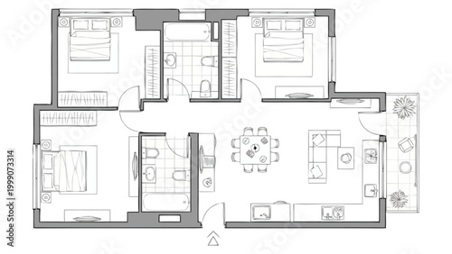 Architectural dwelling plan revealing a functional layout with multiple bedrooms living areas and balconies offering a potential living space design for property development and residential real