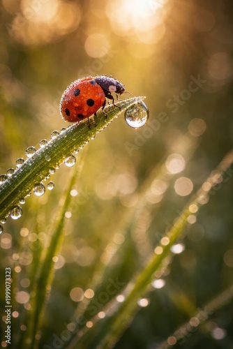 Macro of a ladybug on a grass blade with morning dew drops at sunrise. Close-up of a beetle and a large water drop reflecting the sun. Golden hour nature background.