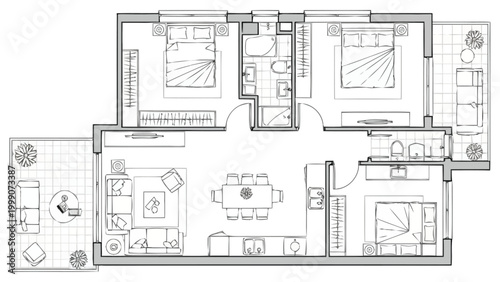 Detailed architectural blueprint showcasing a spacious three bedroom residential floor plan layout with living areas kitchen dining room and outdoor balcony spaces for property development and