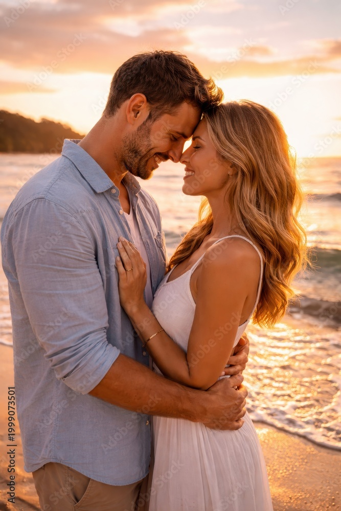 Fototapeta premium Romantic young couple embracing on a tropical beach at sunset. Close-up portrait of man and woman in love during summer vacation with golden sea waves in the background.