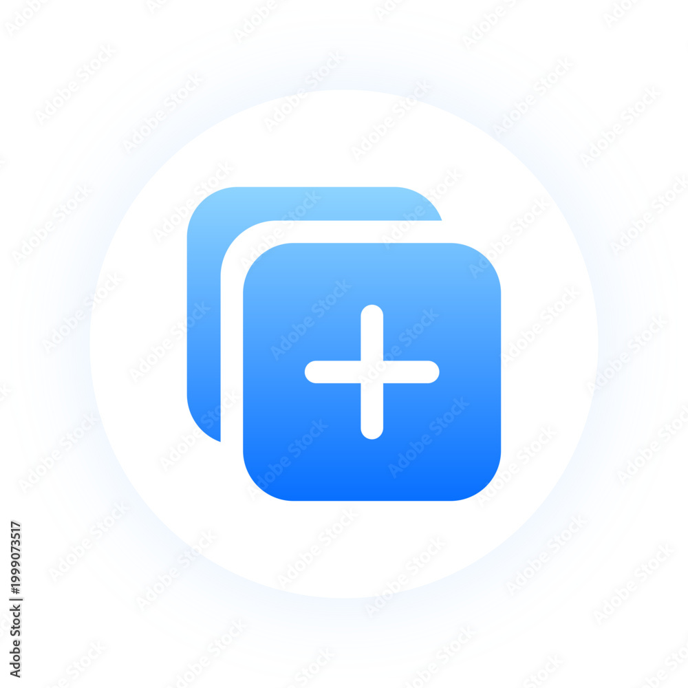 Fototapeta premium Neon blue duplicate icon with plus symbol for file cloning features