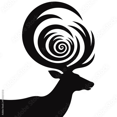 Minimalist deer silhouette with spiral antlers, black and white stag head vector, mystical forest animal logo, artistic buck profile for branding
