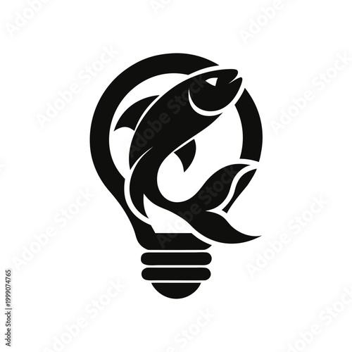 Minimalist light bulb fish logo vector, creative fishing industry icon, black and white conceptual lightbulb and salmon silhouette for branding