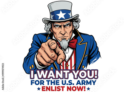 Fotografía Patriotic Uncle Sam Illustration with I Want You for the US Army Enlist Now Text