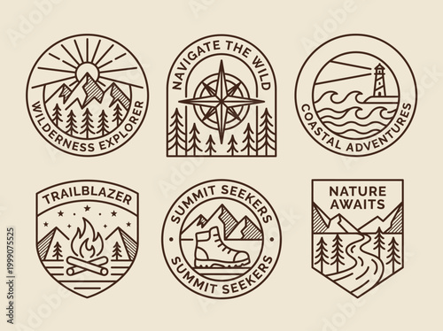 Set of 6 Vintage Outdoor Adventure Badges and Minimalist Nature Logos - Vector Line Art Emblems for Hiking, Camping, Wilderness Exploration, and Mountain Climbing