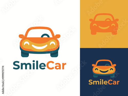 A cheerful car icon with a smiling face, embodying joy and positivity in the transportation industry, making it a perfect logo for a car rental or ride-sharing service.