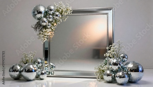 Decorative mirror with disco balls and flowers set in a bright room