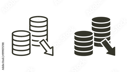Stack of gold coins with downward pointing arrow indicating financial loss or declining market value vector icon set