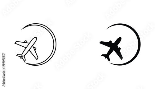Airplane flying in circle icon set in solid and outline style for travel agency and aviation industry digital marketing assets