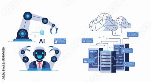 Infographic illustration of a robotic arm and a server with cloud connections, representing and data processing in a futuristic technological environment.