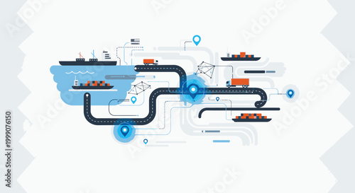 Infographic illustration of a logistics and transportation system with cargo ships and trucks on a white background with blue accents.
