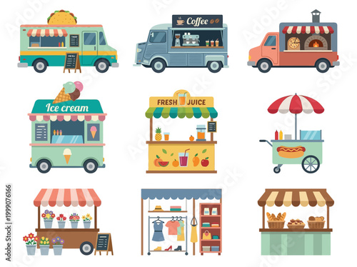 Set of Street Food Trucks and Market Stalls Vector Illustrations - Taco, Coffee, Pizza, Ice Cream, Juice, Hot Dog, Flower, Clothing, and Bakery Mobile Business Icons
