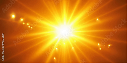 Bright yellow and orange sun rays burst from a glowing star in this abstract summer sky vector illustration, creating a warm sunlight backdrop with a hot sunrise beam design
