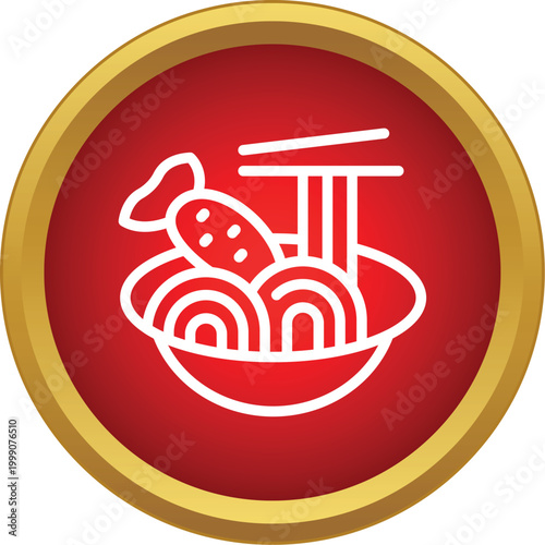 Asian ramen soup with noodles and shrimp in a vibrant red circular icon