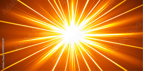 A bright yellow and orange sunburst background vector features an abstract summer sunrise design with glowing rays and a warm star explosion beam