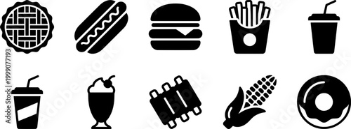 Black and white vector illustrations of various popular American fast food items.