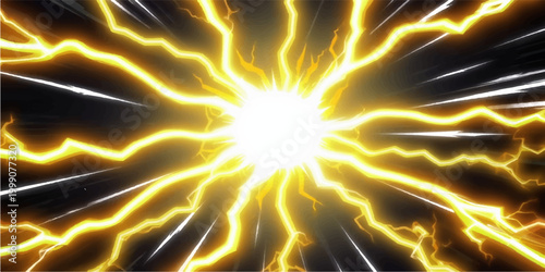 An abstract design features a bright fiery explosion and glowing stars over a blue fractal pattern with electric motion and light textures