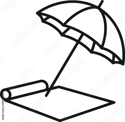 Beach umbrella and mat vacation icon simple black outline graphic.
