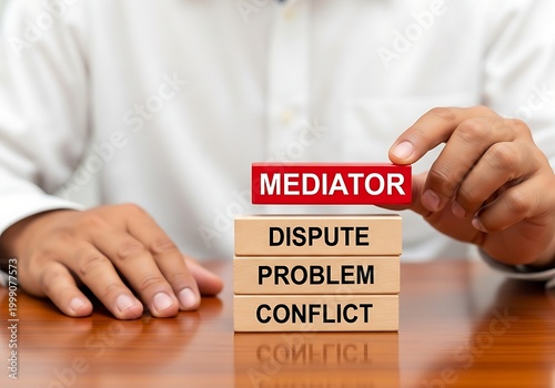 Person stacking wooden blocks with mediator dispute problem and conflict text