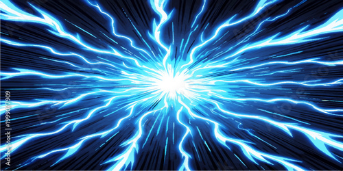 A glowing blue fractal design featuring a bright light burst and energy motion pattern creates a stellar space explosion illustration over a dark black texture backdrop