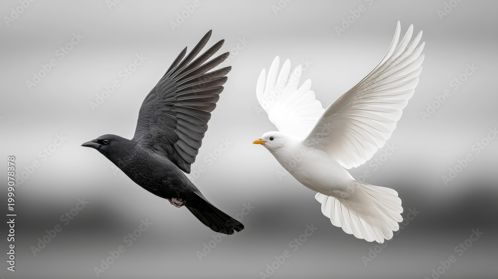 Fototapeta premium Contrasting flight: black crow and white dove soaring together